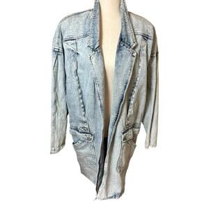 Vtg 80s Acid Wash Women's Denim Duster Oversized Long Jacket Pockets Sz L Grunge